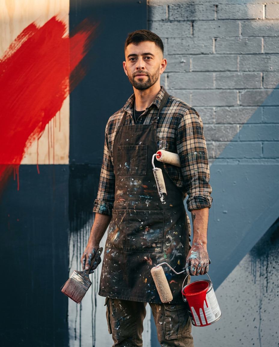 Carlos Rodriguez in a paint-splattered apron holding a brush and a can of red paint in front of a painted wall
