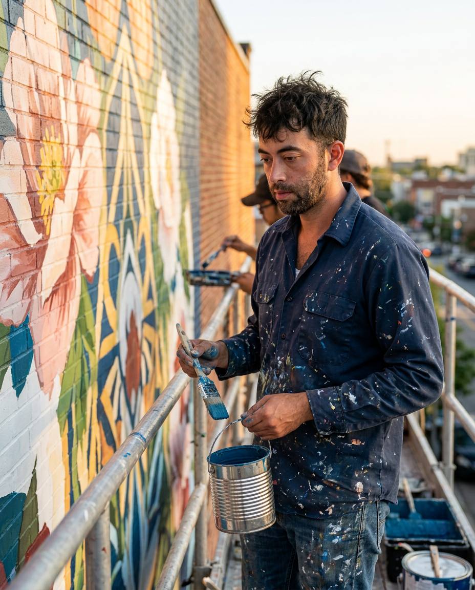Carlos Rodriguez in a paint-splattered apron holding a brush and a can of red paint in front of a painted wall